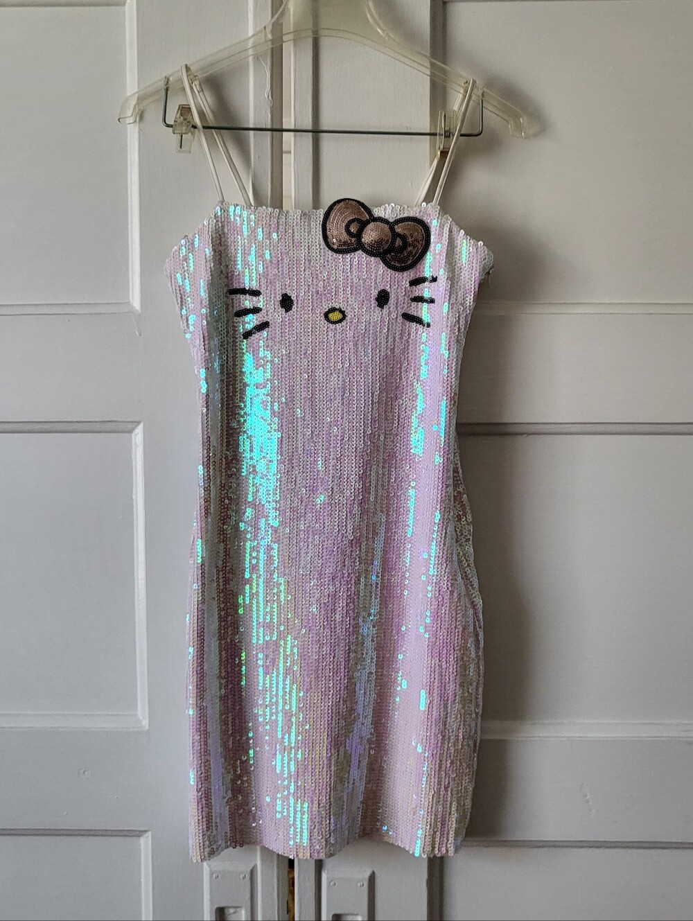 Forever 21 Hello Kitty Face Sequin Dress Women’s Size S Iridescent White Sanrio